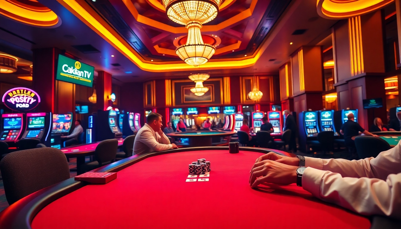 Experience high-stakes excitement at cakhiapn.tv with players engaged in thrilling poker games and vibrant casino lights.